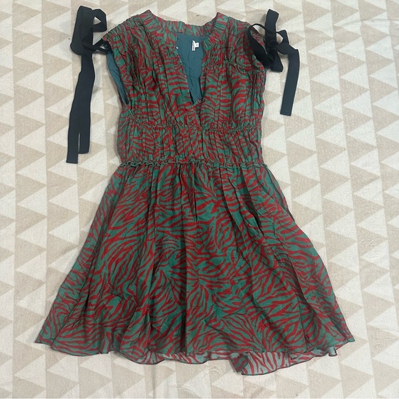 Tanya Taylor red green zebra print mini dress vneck tie sleeves - Picture 2 of 4
